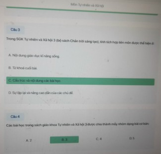 Đáp án trắc nghiệm tập huấn môn TNXH lớp 3 CTST