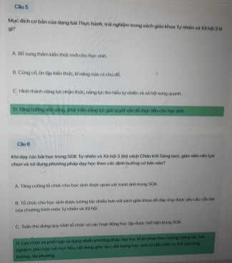Đáp án trắc nghiệm tập huấn môn TNXH lớp 3 CTST