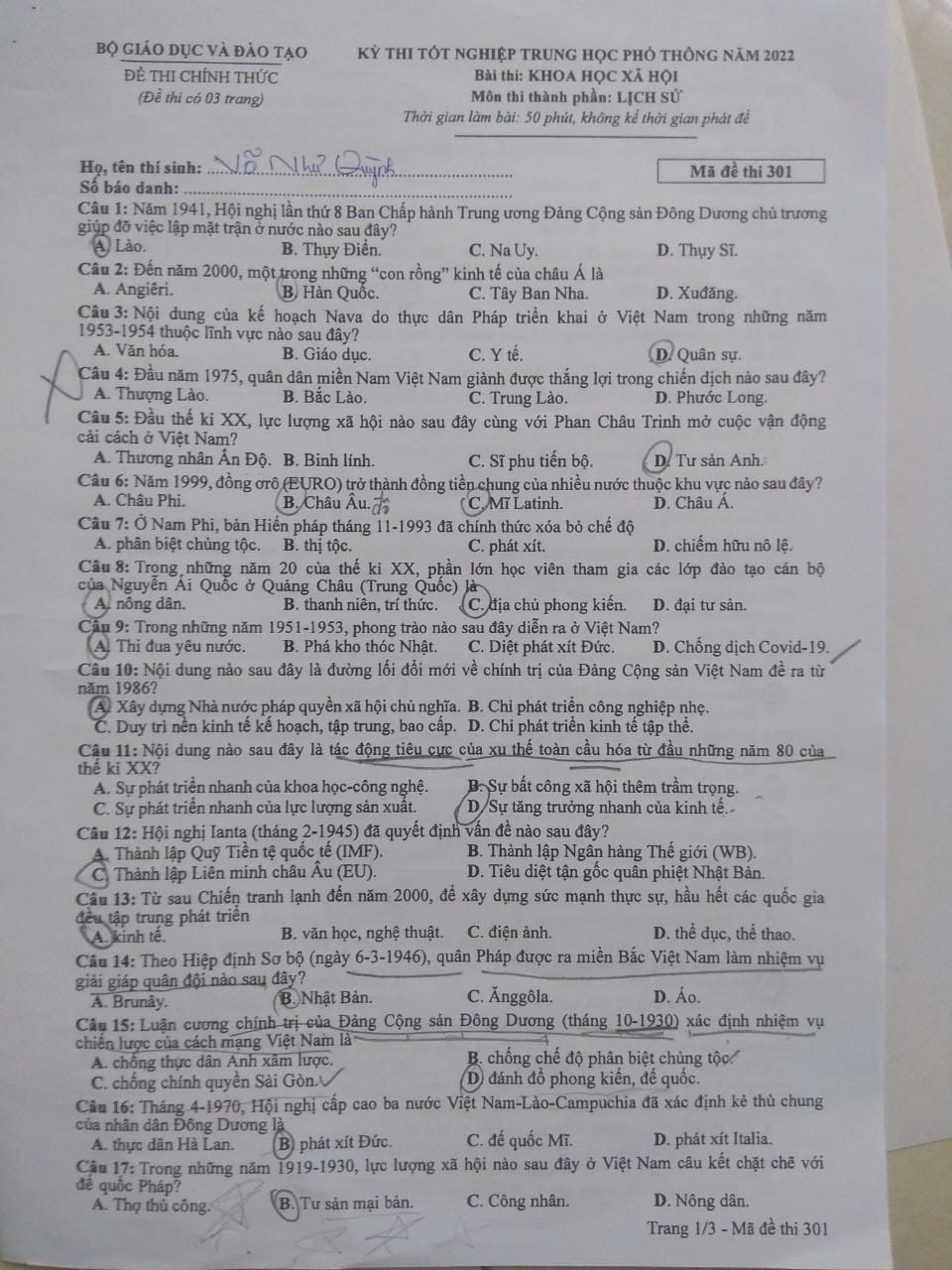 Đáp án Sử THPT Quốc gia 2022
