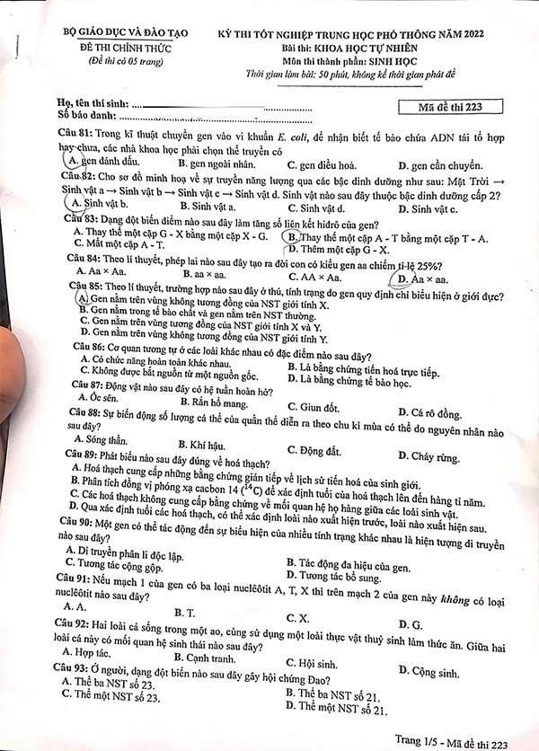 Đề thi THPT Quốc gia 2022 môn Sinh