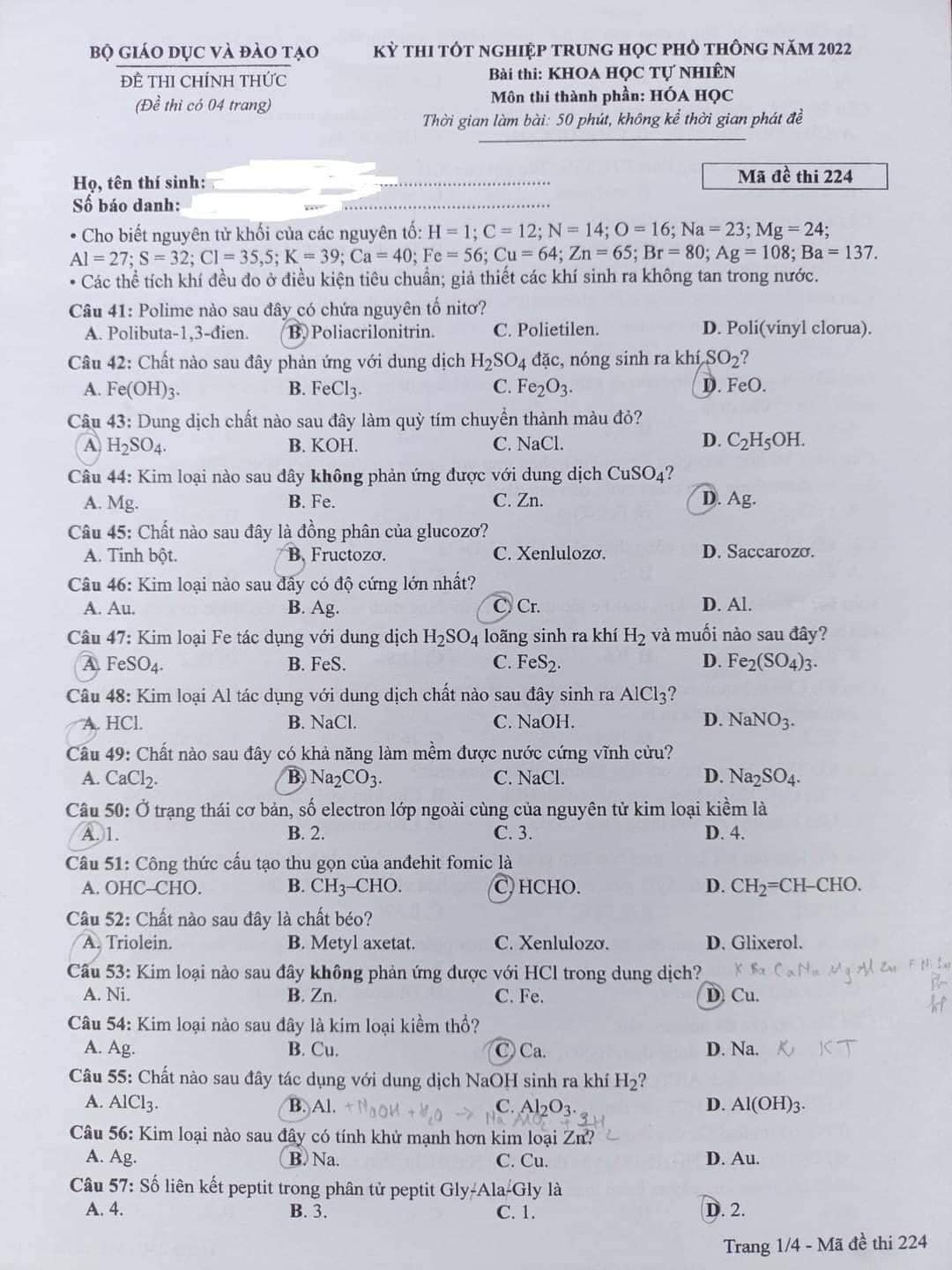 Đề thi THPT Quốc gia 2022 môn Hóa mã đề 224