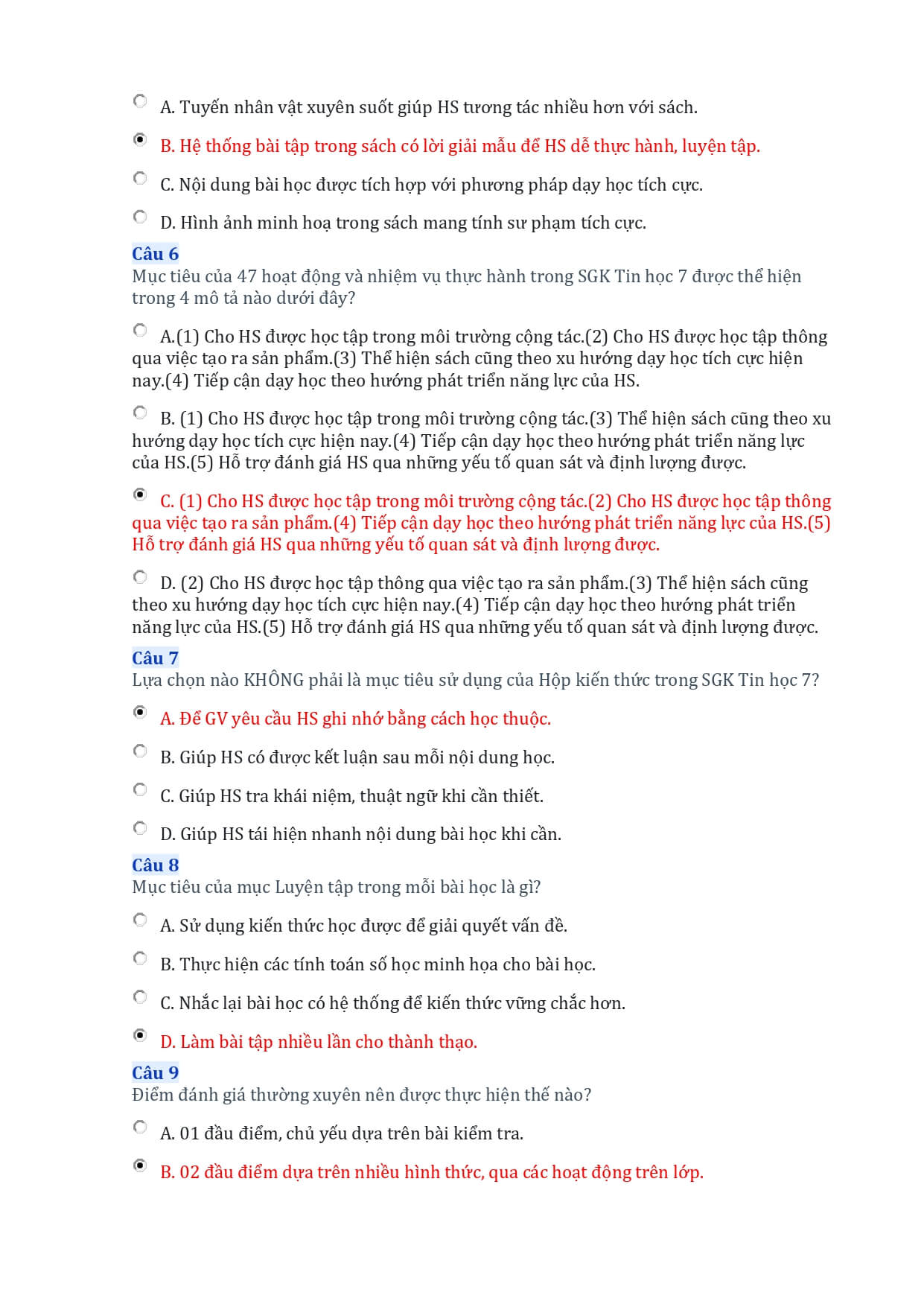 Đáp án trắc nghiệm tập huấn môn Tin học 7 KNTT