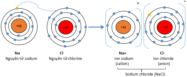 Minh họa sự hình thành liên kết ion trong phân tử NaCl