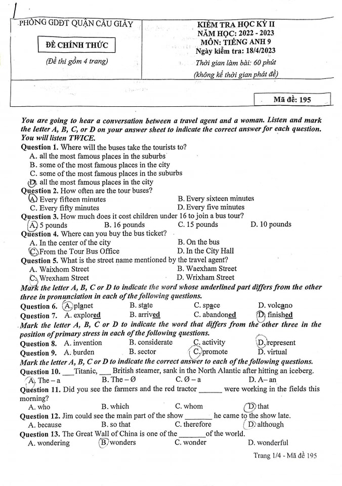 Đề thi cuối kì 2 tiếng Anh 9
