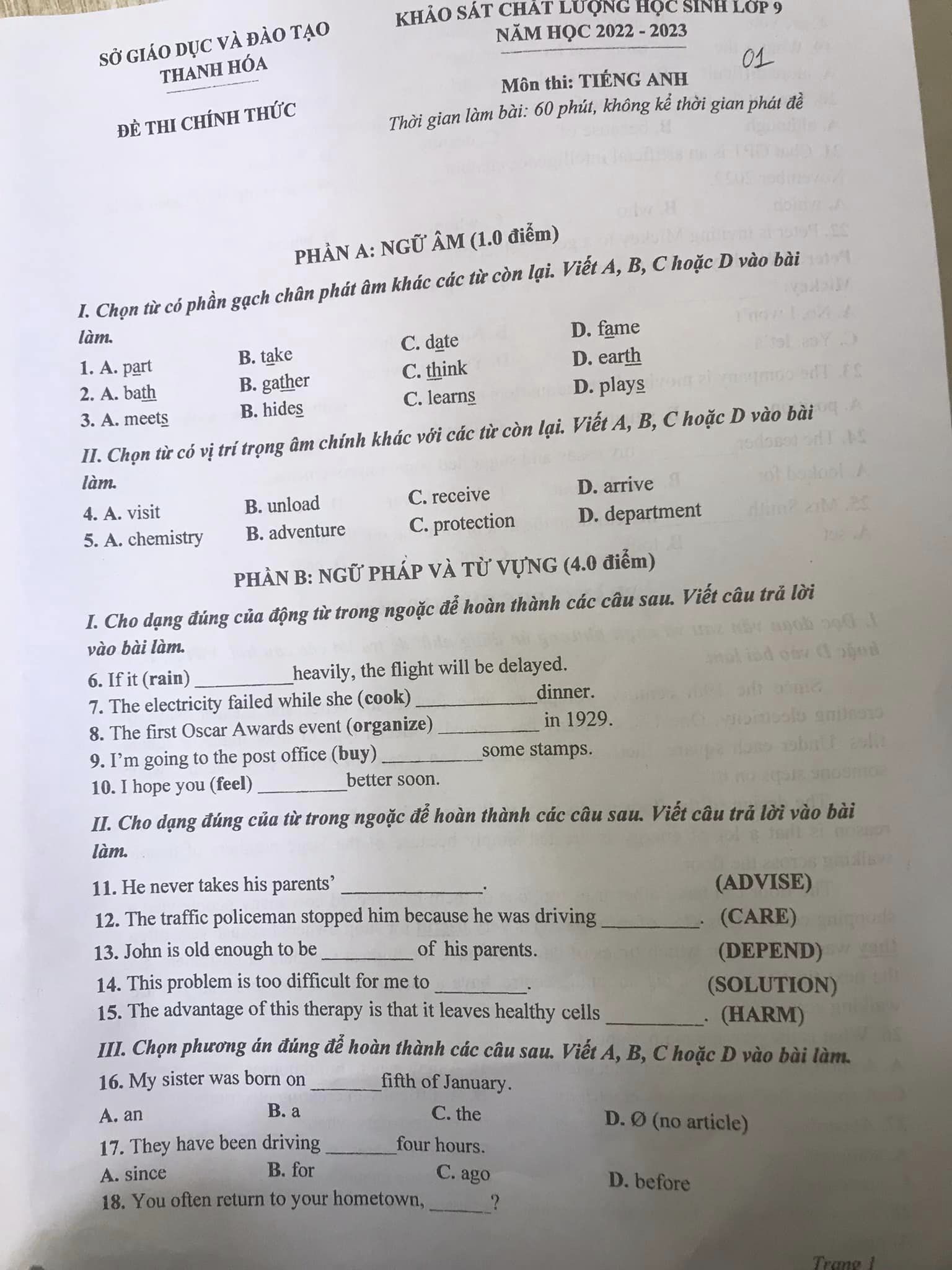 Khảo sát chất lượng học sinh lớp 9 Thanh Hóa