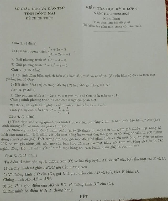 Đề thi học kì 2 Toán 9