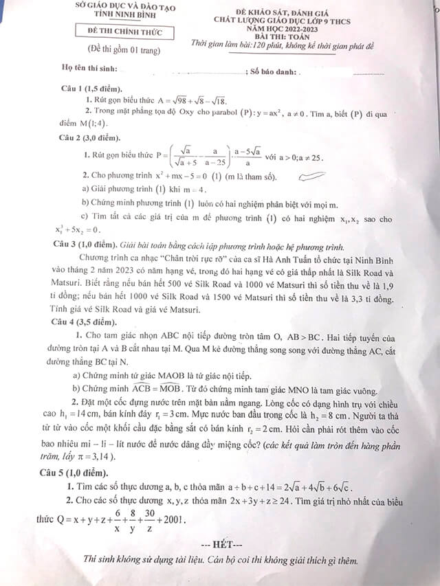 Đề thi học kì 2 Toán 9