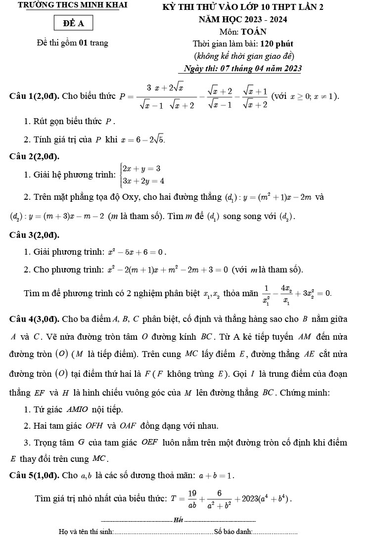 Thi thử vào 10 môn Toán