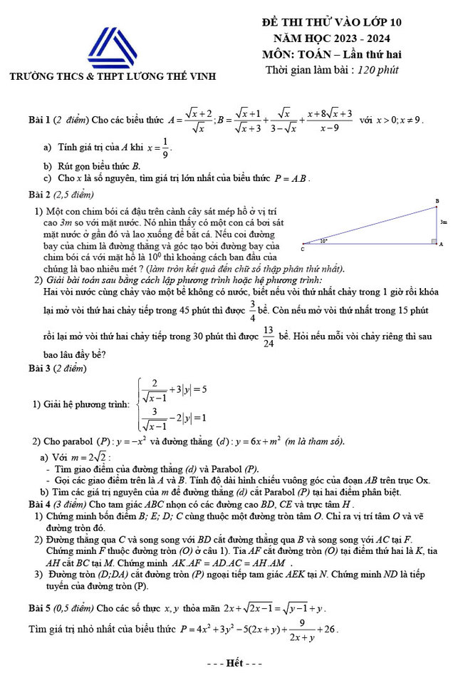 Đề thi thử Toán vào 10