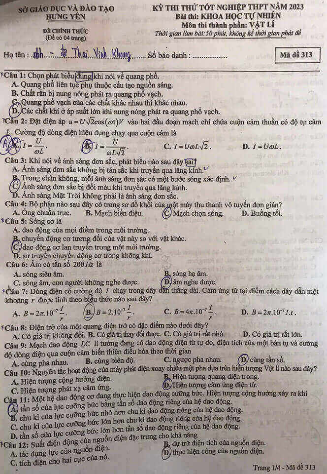 Đề thi thử THPT Quốc gia năm 2023 môn Lý Sở GD&ĐT Hưng Yên