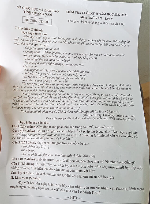 Đề thi cuối kì 2 lớp 9 môn Văn