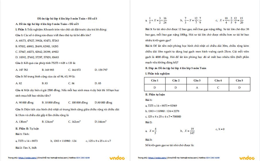 Đề ôn tập hè lớp 4 lên lớp 5 môn Toán - Đề số 5