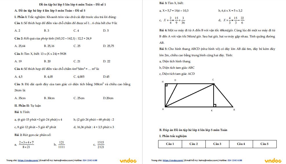 Đề ôn tập hè lớp 5 lên lớp 6 - Đề số 1 