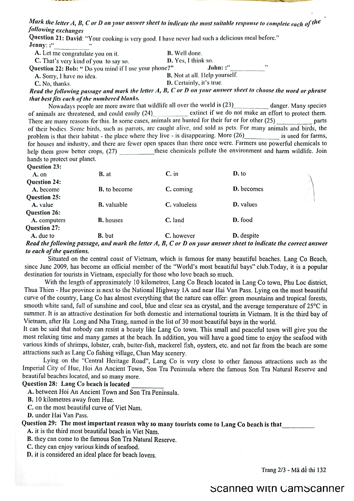 Đề thi thử vào 10 môn tiếng Anh quận Hai Bà Trưng, Hà Nội