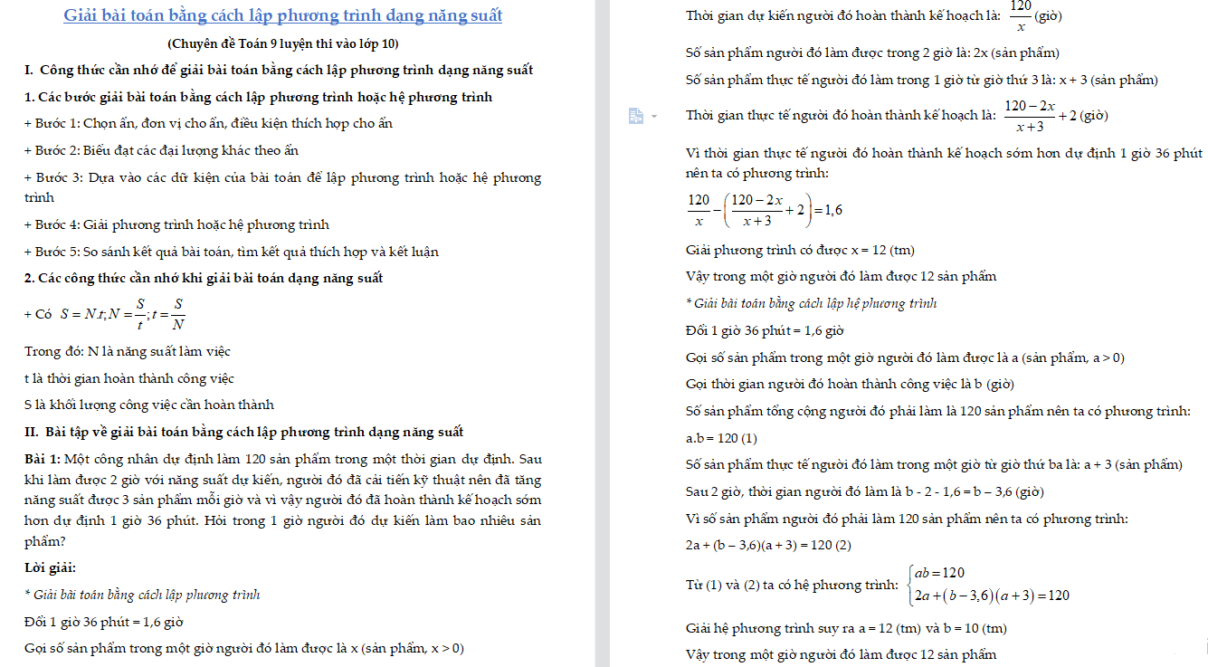 Giải bài toán bằng cách lập phương trình dạng năng suất