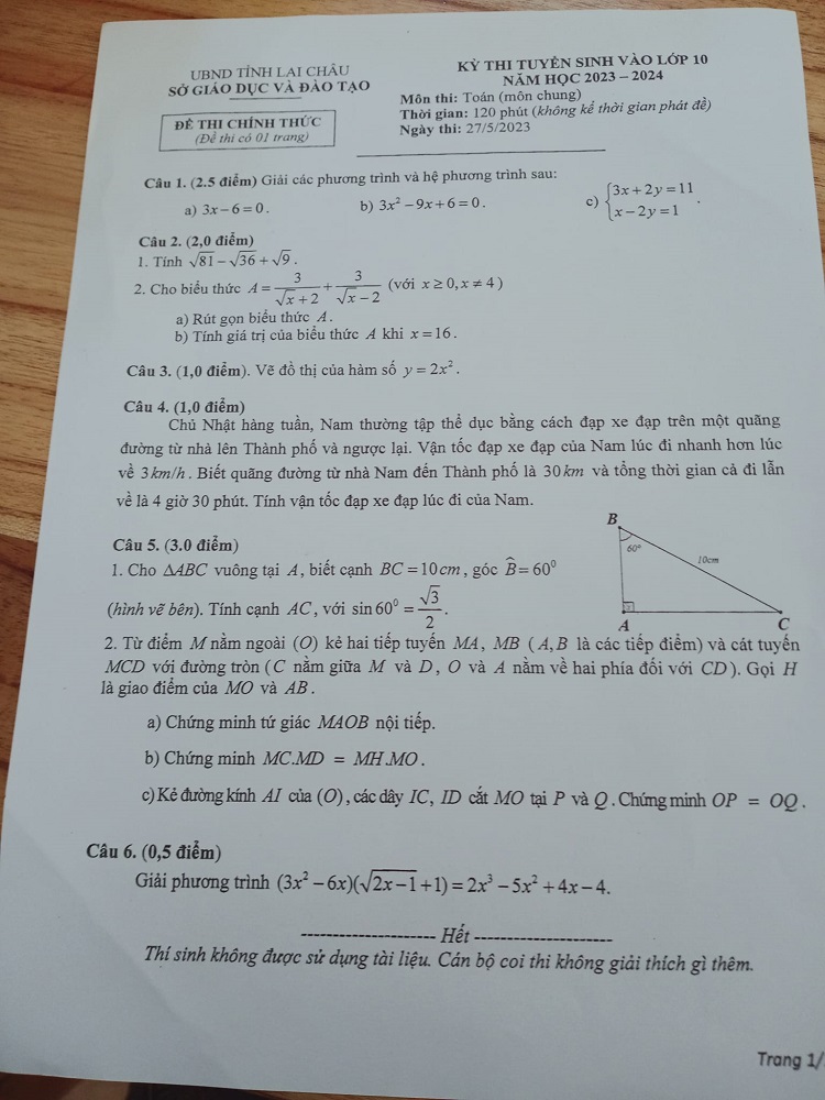 Đề thi tuyển sinh lớp 10 môn Toán tỉnh Lai Châu 2023