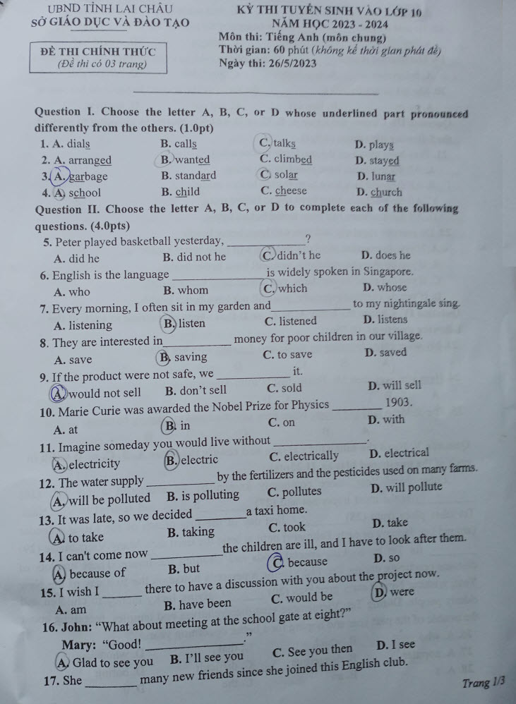 Đáp án đề thi vào lớp 10 môn Anh Lai Châu năm 2023