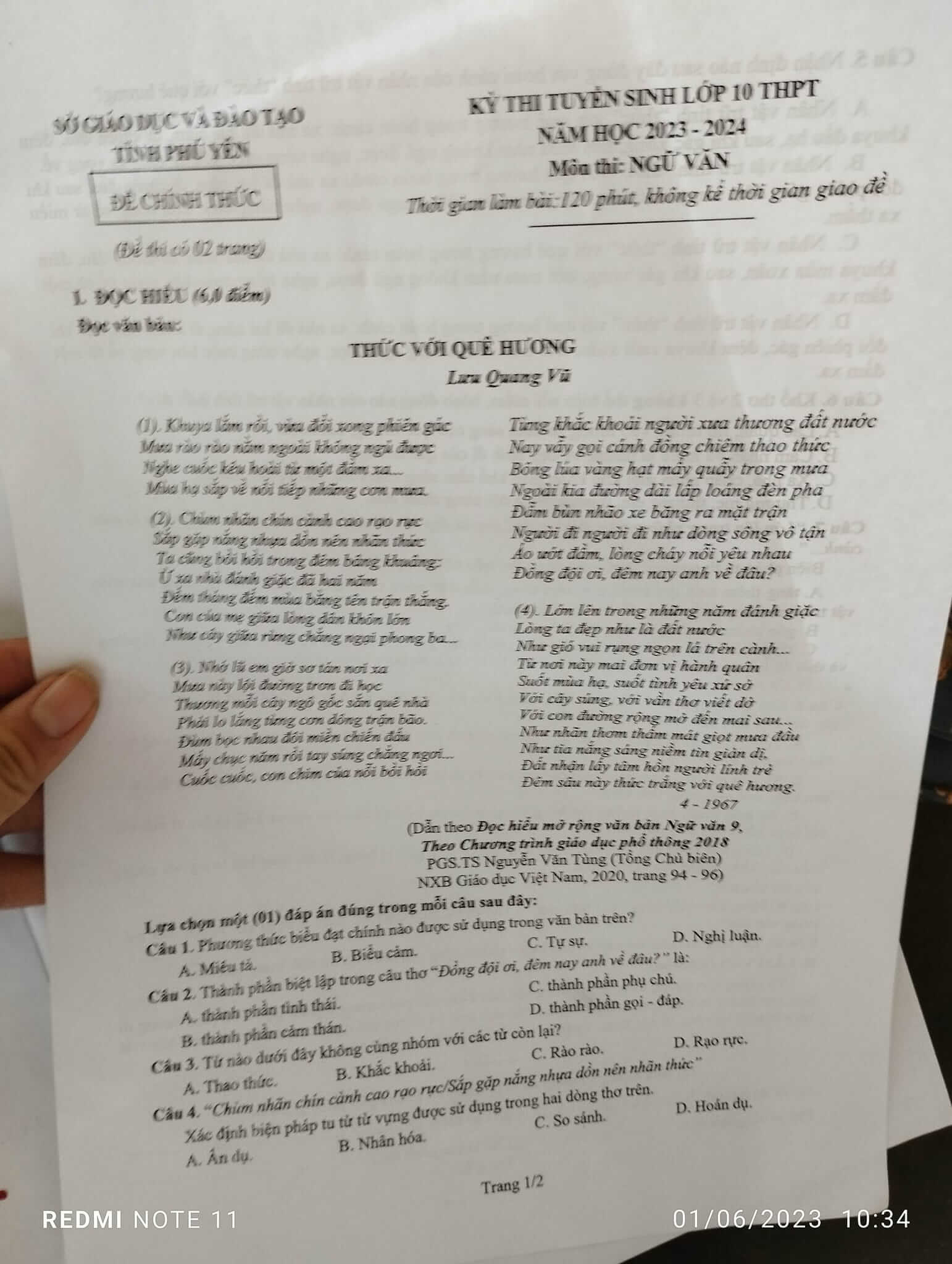 Đề thi vào 10 Văn Phú Yên