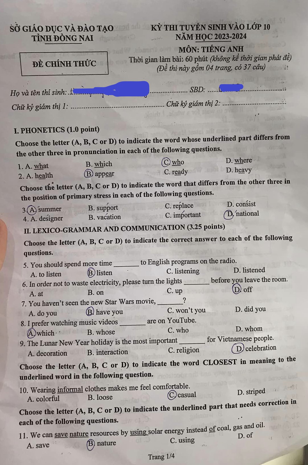 đề thi tuyển sinh lớp 10 môn Anh Đồng Nai năm 2023