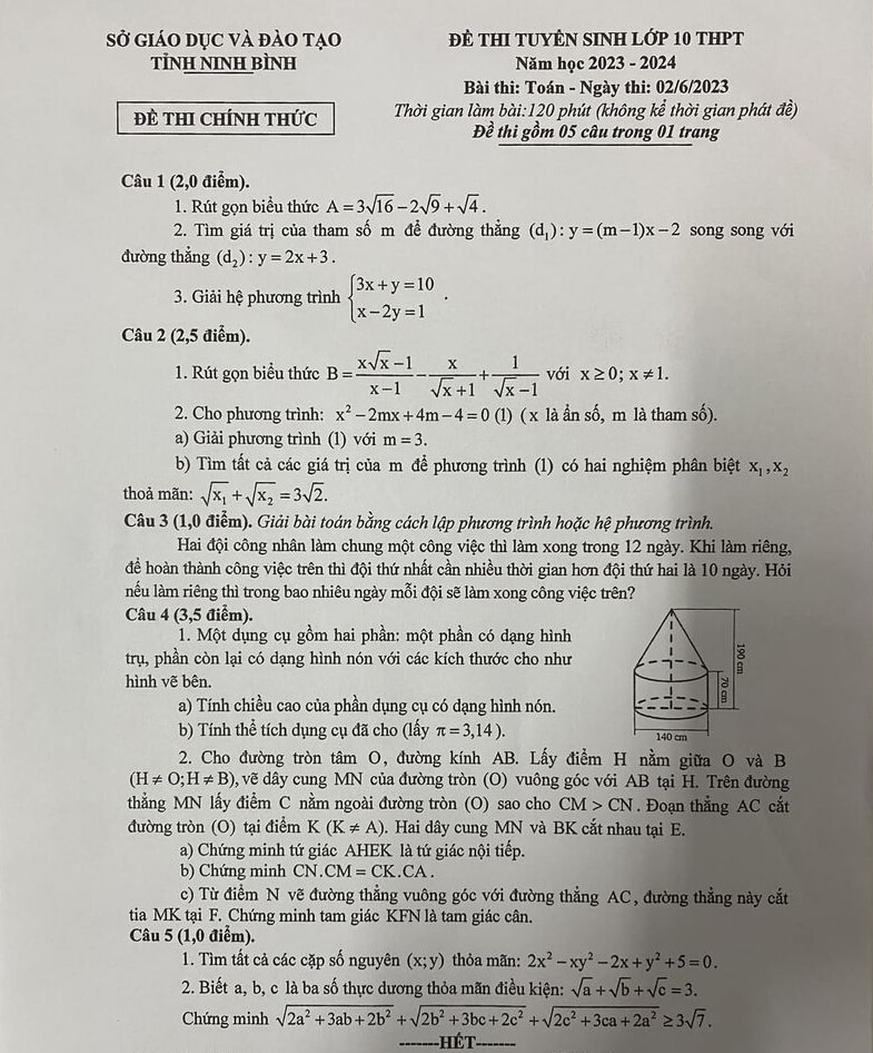 Đề thi vào 10 Toán Ninh Bình