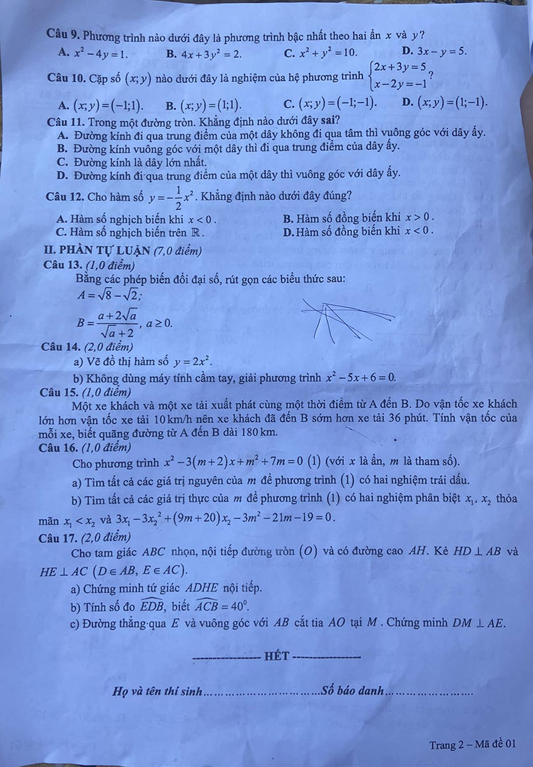 Đáp án đề thi vào lớp 10 môn Toán tỉnh Quảng Trị 2023 trang 2