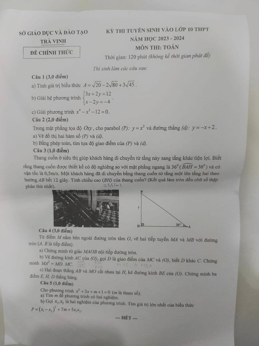 Đề thi vào 10 Toán Trà Vinh 2023