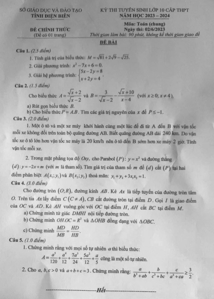 Đề thi tuyển sinh lớp 10 môn toán tỉnh Điện Biên 2023