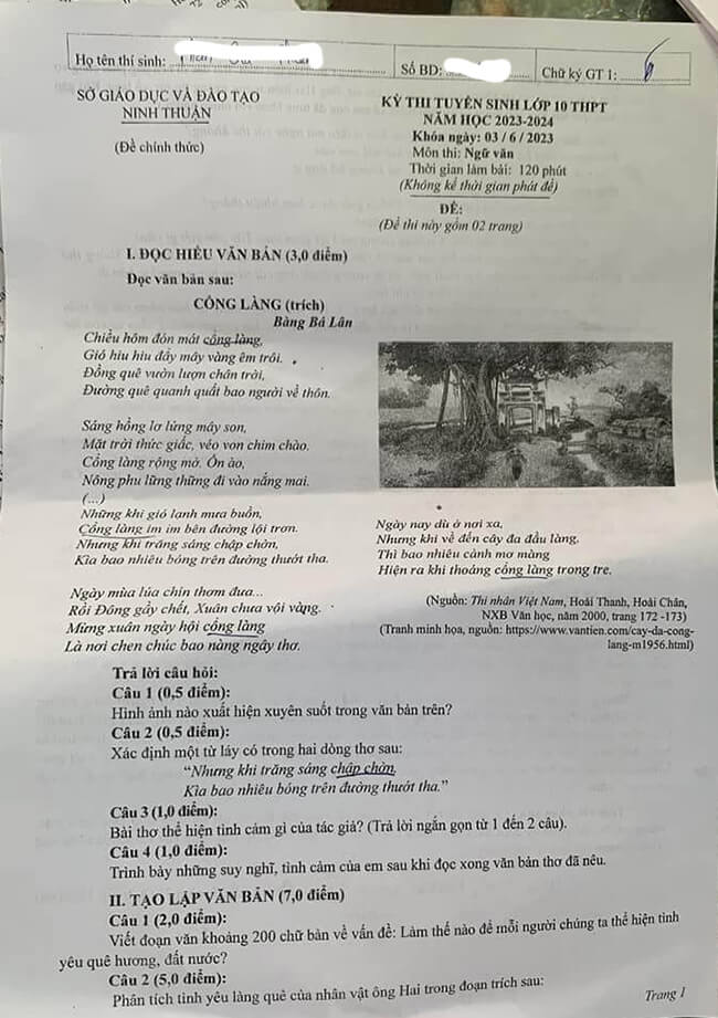 Văn vào 10 Ninh Thuận