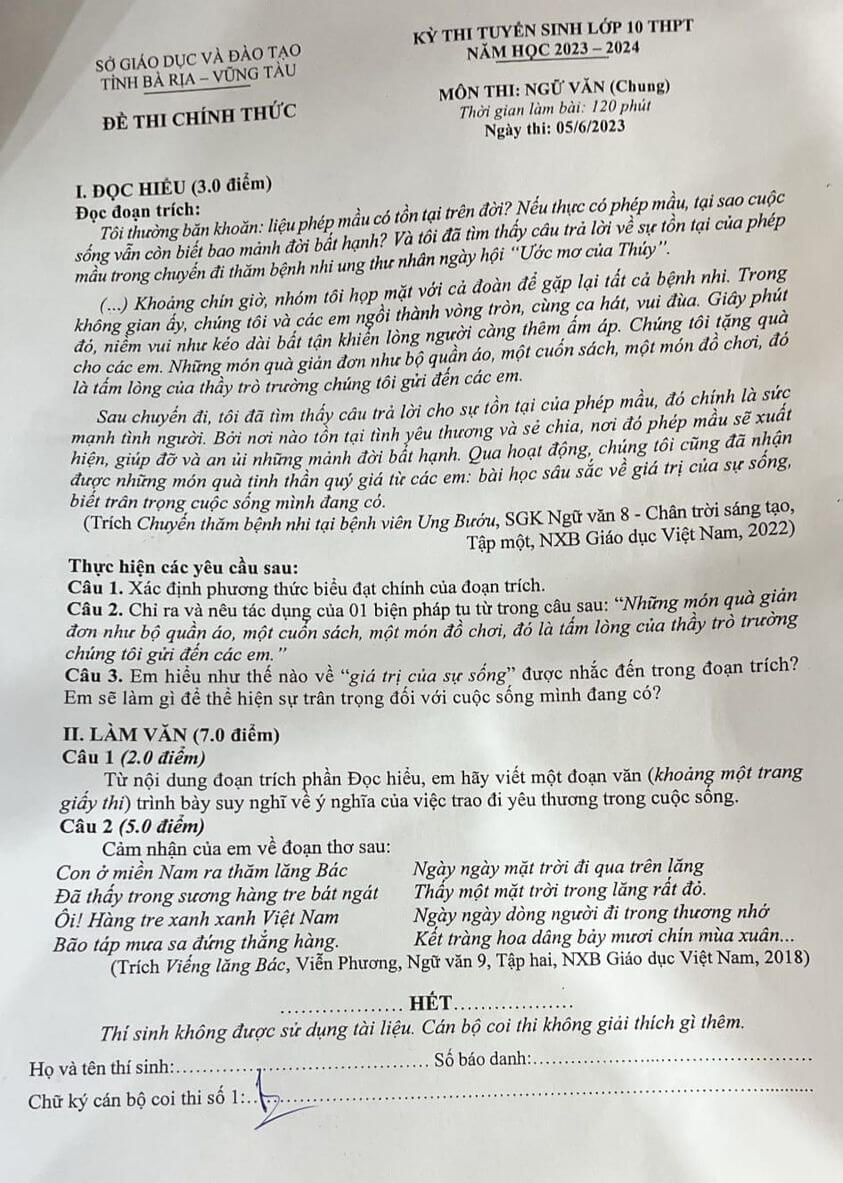 Đề thi vào 10 Bà Rịa Vũng Tàu