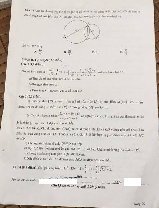 Dap an de thi vao lop 10 mon Toan nam 2023 - Phu Tho