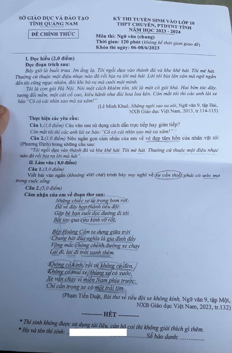 Đáp án đề thi vào lớp 10 môn Văn Quảng Nam 2023