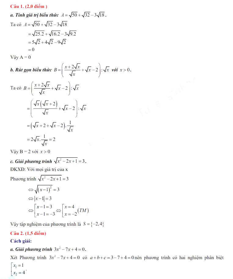 Đáp án đề thi tuyển sinh lớp 10 môn toán tỉnh Long An 2023 câu 1
