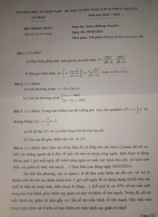 Đề thi tuyển sinh lớp 10 môn Toán Cà Mau 2023 trang 1