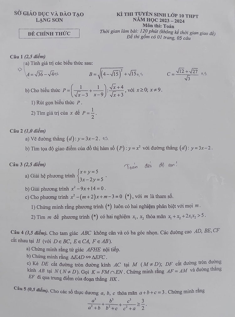 Đáp án đề thi tuyển sinh lớp 10 môn Toán tỉnh Lạng Sơn 2023