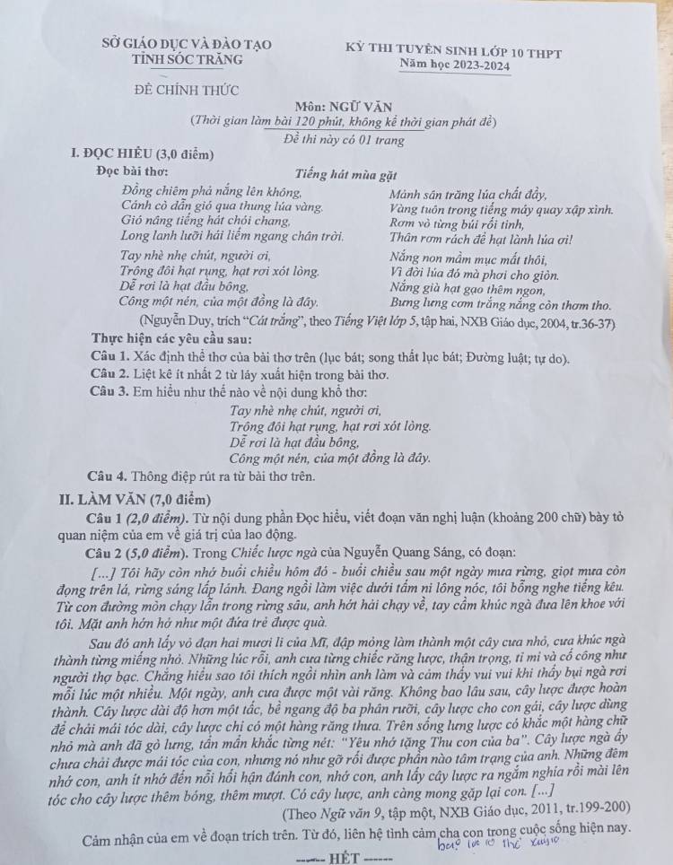 Đáp án đề thi vào lớp 10 môn Văn năm 2023 tỉnh Sóc Trăng