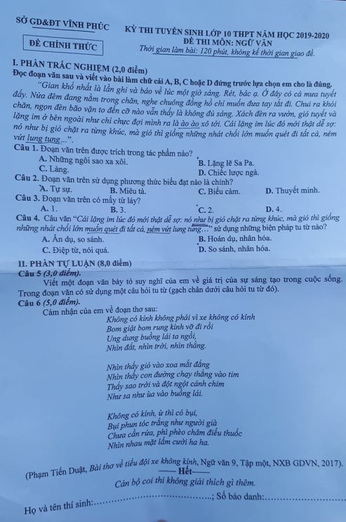 Đề Văn Vĩnh Phúc 2019