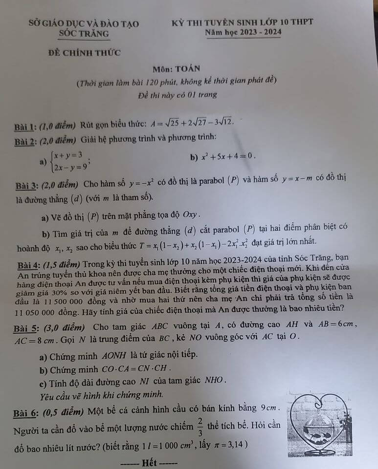 Đề thi tuyển sinh lớp 10 môn Toán Sóc Trăng
