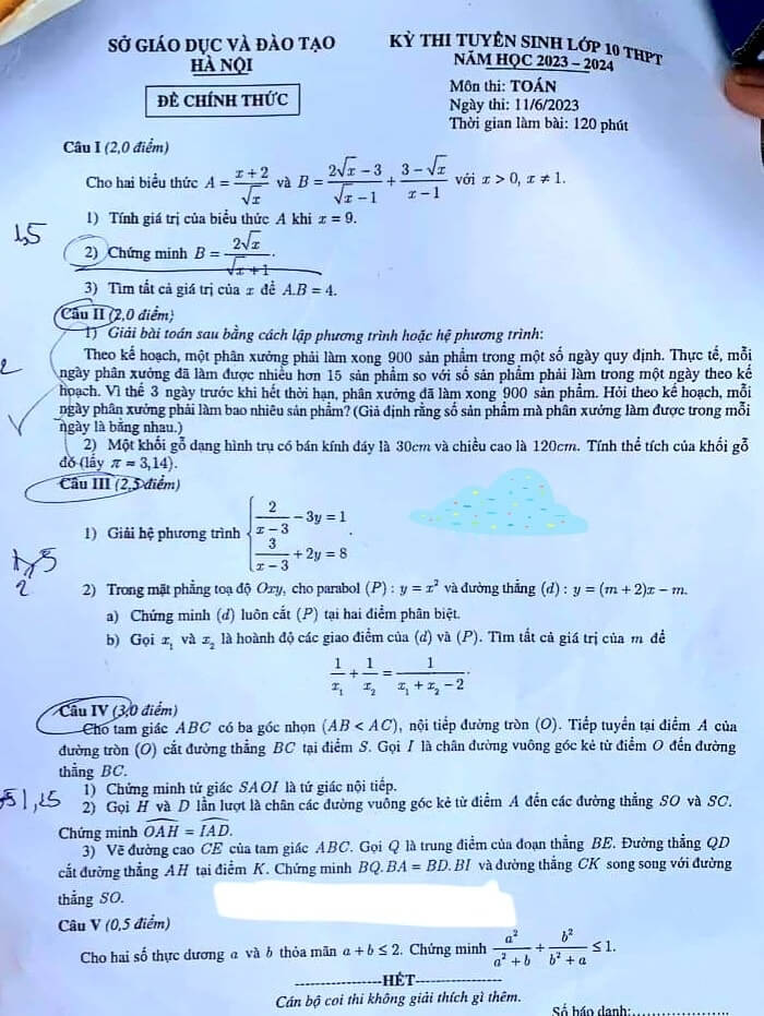 đề thi vào 10 môn toán Hà Nội 2023