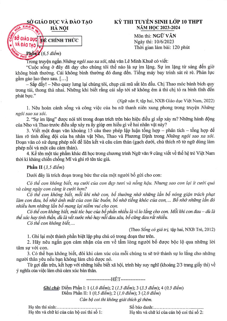 đề thi tuyển sinh lớp 10 môn văn Hà Nội năm 2023
