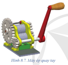 Quan sát máy ép quay tay Hình 8.7 và cho biết: Tỉ số truyền của bộ bánh răng này lớn hơn hay nhỏ hơn 1? Vì sao? Vì sao không dùng bộ truyền xích cho trường hợp này?