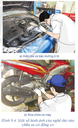 Thợ sửa chữa xe có động cơ ở Hình 9.4 đang thực hiện những công việc gì?