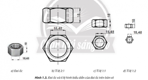 Hãy nhận xét các kích thước đo được trên hình biểu diễn ở mỗi trường hợp so với kích thước tương ứng của đai ốc (Hình 1.3).