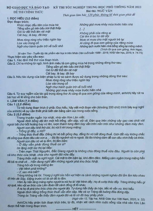Đề thi Ngữ văn THPT Quốc gia 2023