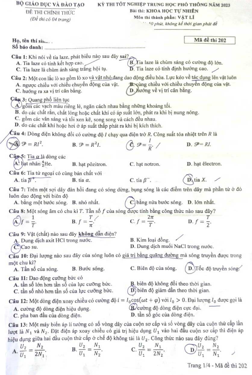 Đề thi Lý THPT Quốc gia 2023