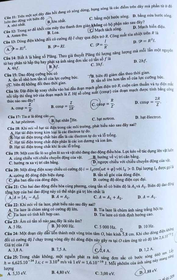 Đề thi Lý THPT Quốc gia 2023