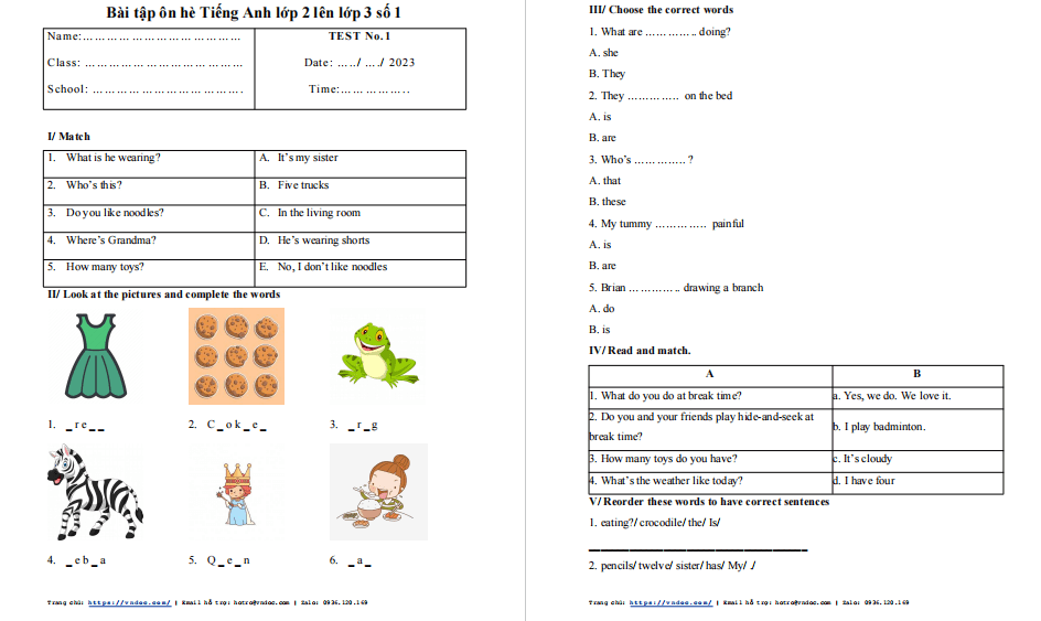 Bài tập ôn hè Tiếng Anh lớp 2 lên lớp 3 số 1