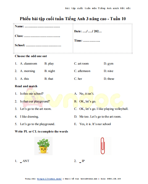 Phiếu bài tập cuối tuần Tiếng Anh 3 Global Success nâng cao - Tuần 10