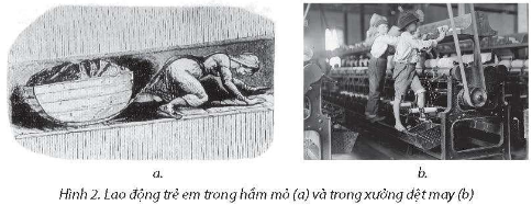 Việc sử dụng lao động trẻ em là một trong những khía cạnh nghiệt ngã của cách mạng công nghiệp. Quan sát các hình dưới đây, em hãy cho biết tại sao lao động trẻ em lại được sử dụng phổ biến trong các hầm mỏ và các xưởng dệt may vào giai đoạn cưới thế kỉ XVIII đến cuối thế kỉ XĨ. Những rủi ro nào có thể xảy ra với các trẻ em này?
