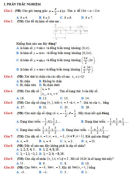 Đề kiểm tra học kì 1 Toán 11 Cánh diều