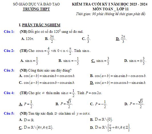Đề kiểm tra học kì 1 Toán 11 Kết nối tri thức